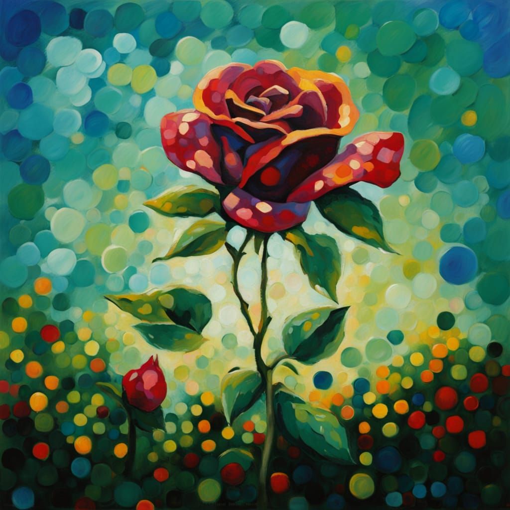 Tiny Rose in Tranquil Garden: Neo-Impressionist Oil Painting