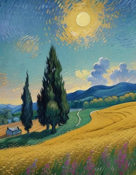 Impressionist Cypress Trees Landscape in Golden Light