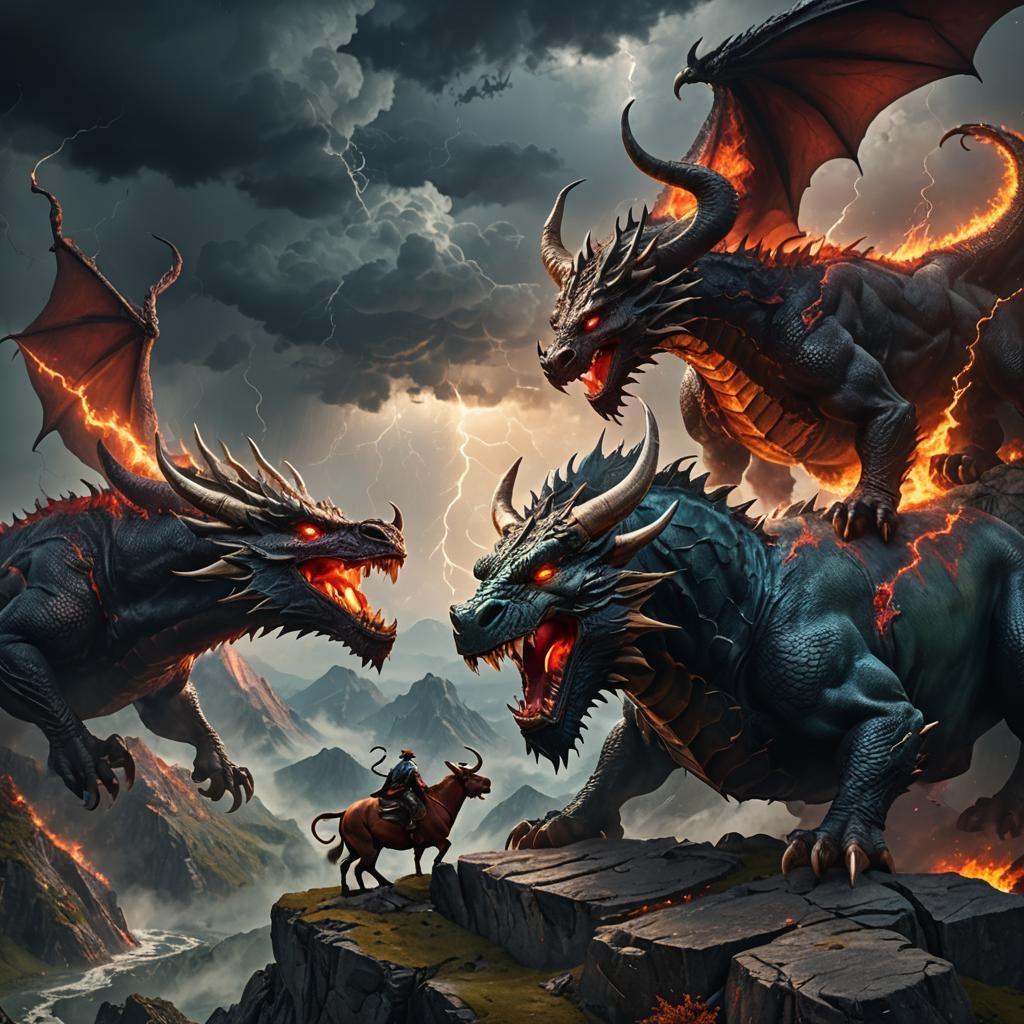 Dragon and Bull Face-Off: Surreal Fantasy Art
