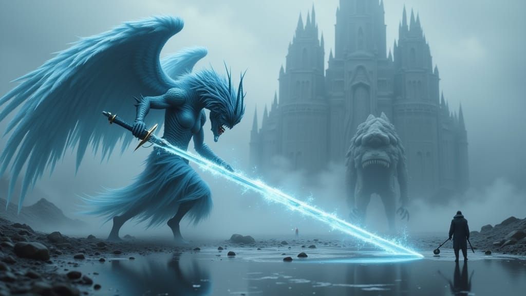 Frost Angel Battles Eldritch Horror in Dark, Gloomy Landscap...