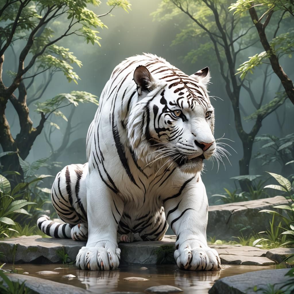 Detailed 3D Anime White Tiger Concept Art