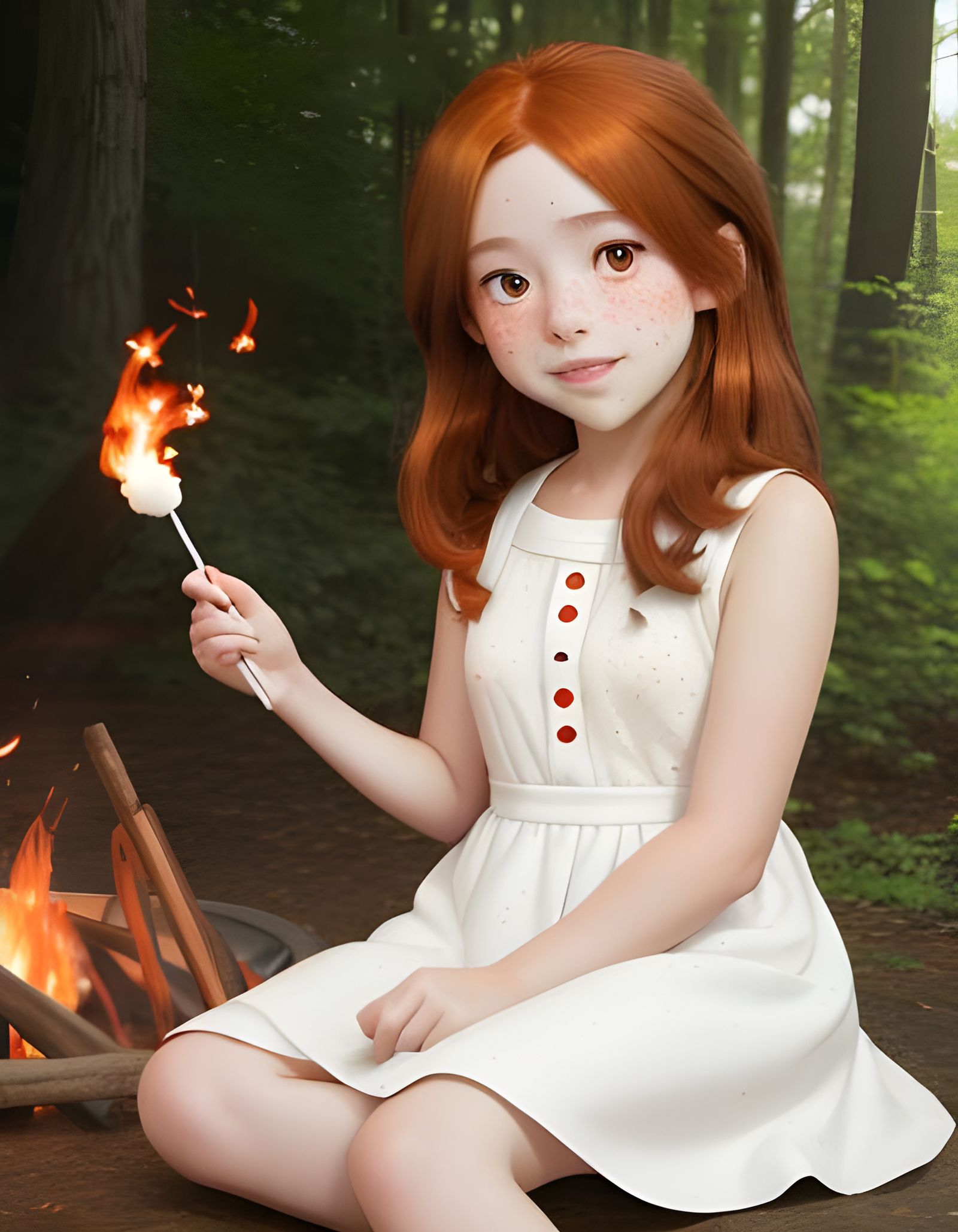 Auburn Haired Girl Roasting Marshmallows, Anime Style