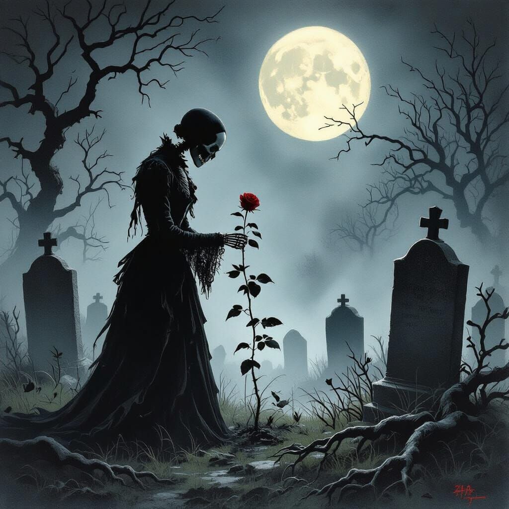 Moonlit Graveyard: Skeletal Figure with Rose