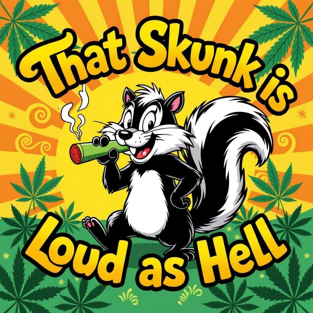 Psychedelic Skunk Cartoon in Sunny Yellow Background with Ca...