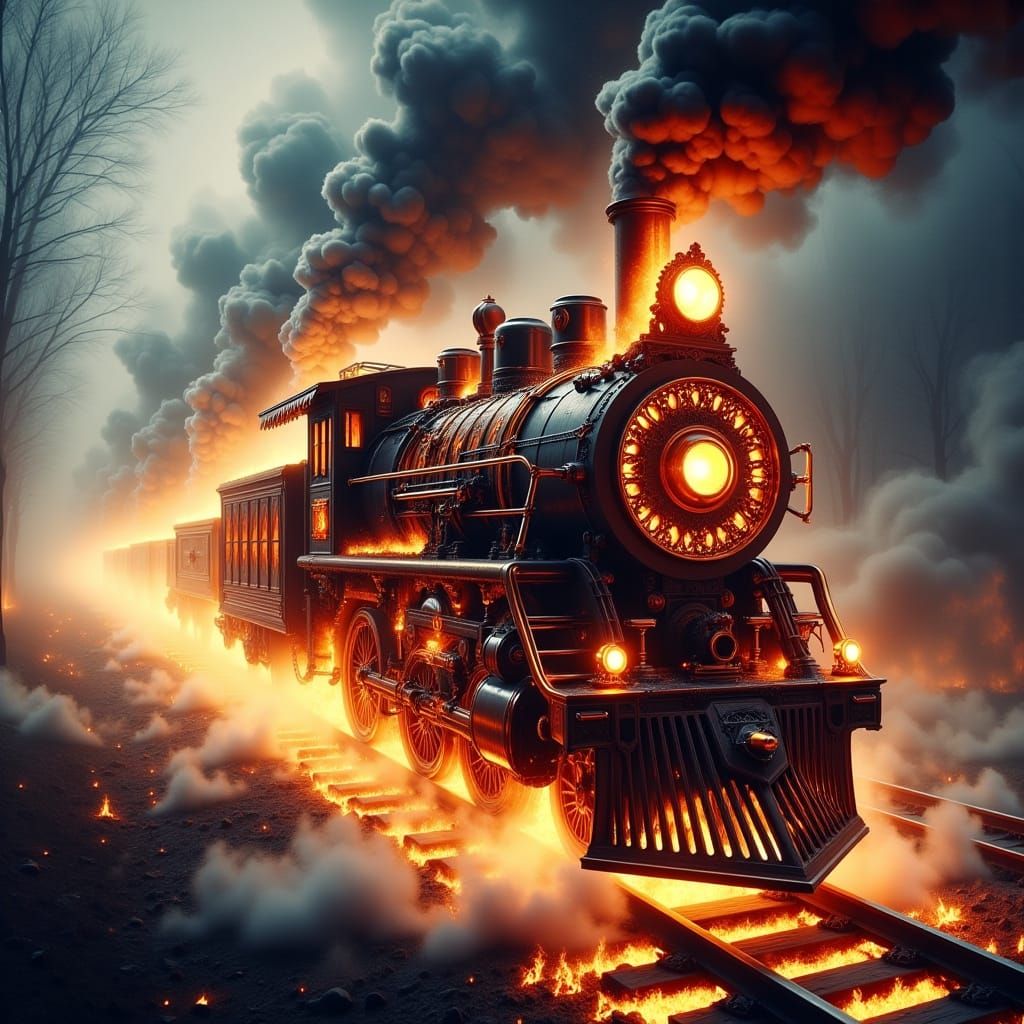 Clockpunk Train on Fire, a Golden-Hued Masterpiece of Intric...