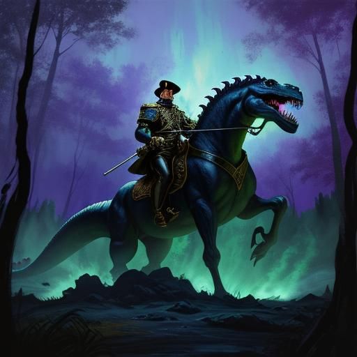 Napoleon Rides T-Rex in Impasto Oil Painting