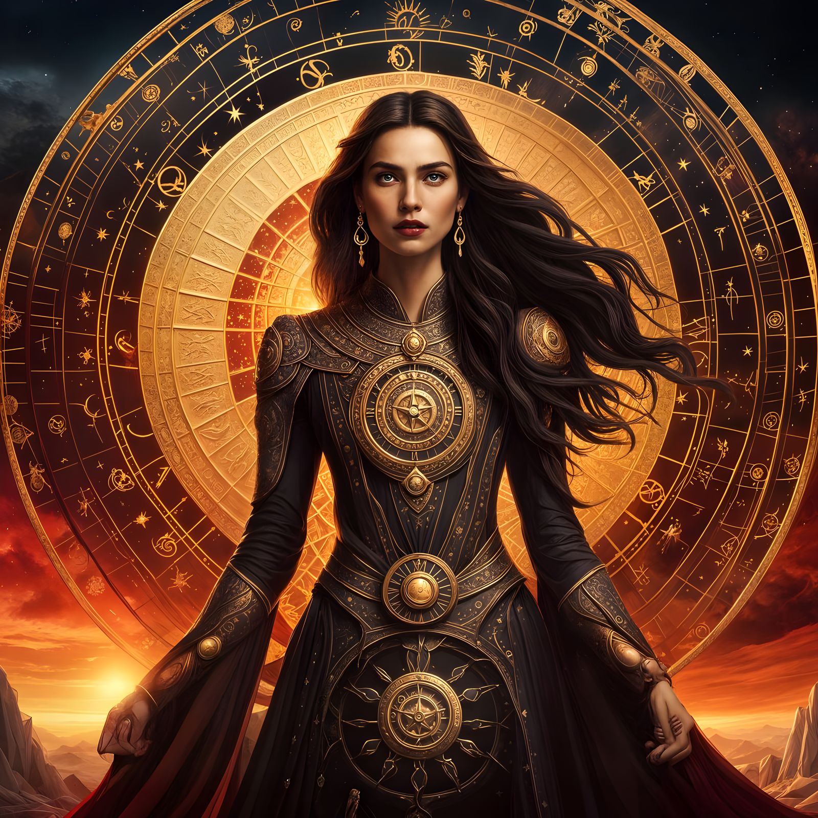 Stunning Celestial Goddess Elegantly Wears Red Amidst Zodiac...