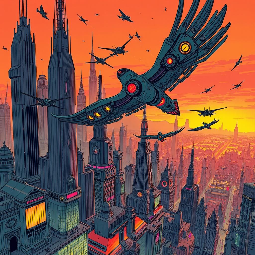 Futuristic Metropolis with Flying Mechanic Birds
