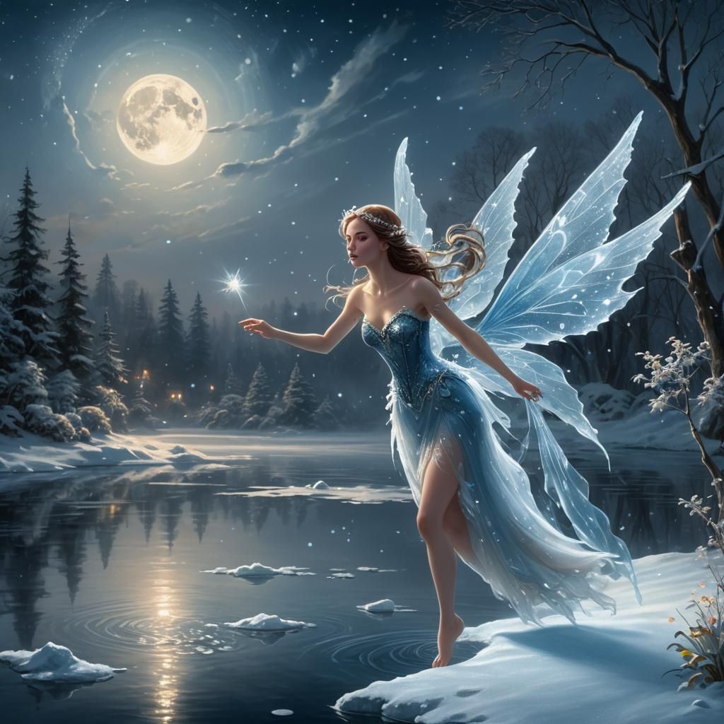 A white Fairy with light blue wings floating across a dark ice covered lake, glittering flowing snow lightly falling. Mo...