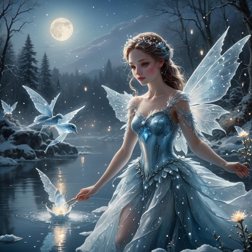 A white Fairy with light blue wings floating across a dark ice covered lake, glittering flowing snow lightly falling. Mo...