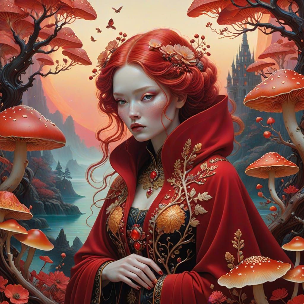 Enchanting Red Dreamscape with Mystical Woman
