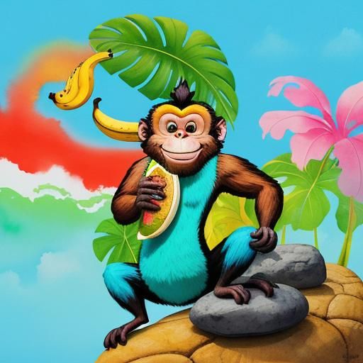 Funny Monkey Eating Bananas in Watercolor Style