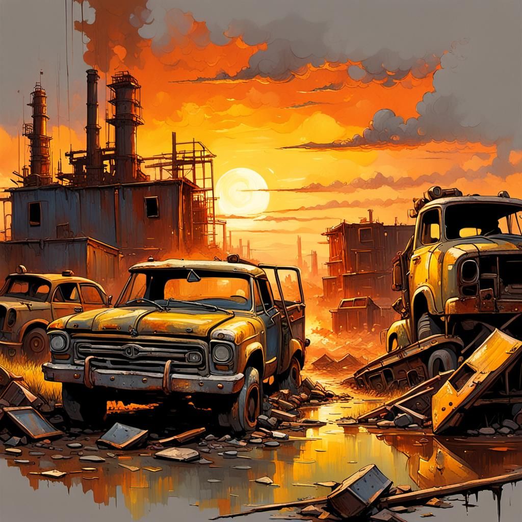Post-Apocalyptic Junkyard Sunset: Gritty Charcoal Art