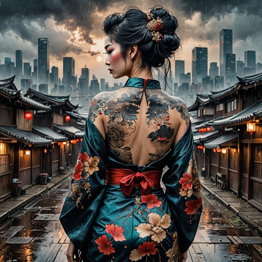 Tattooed Geisha Back in Mixed Media Style