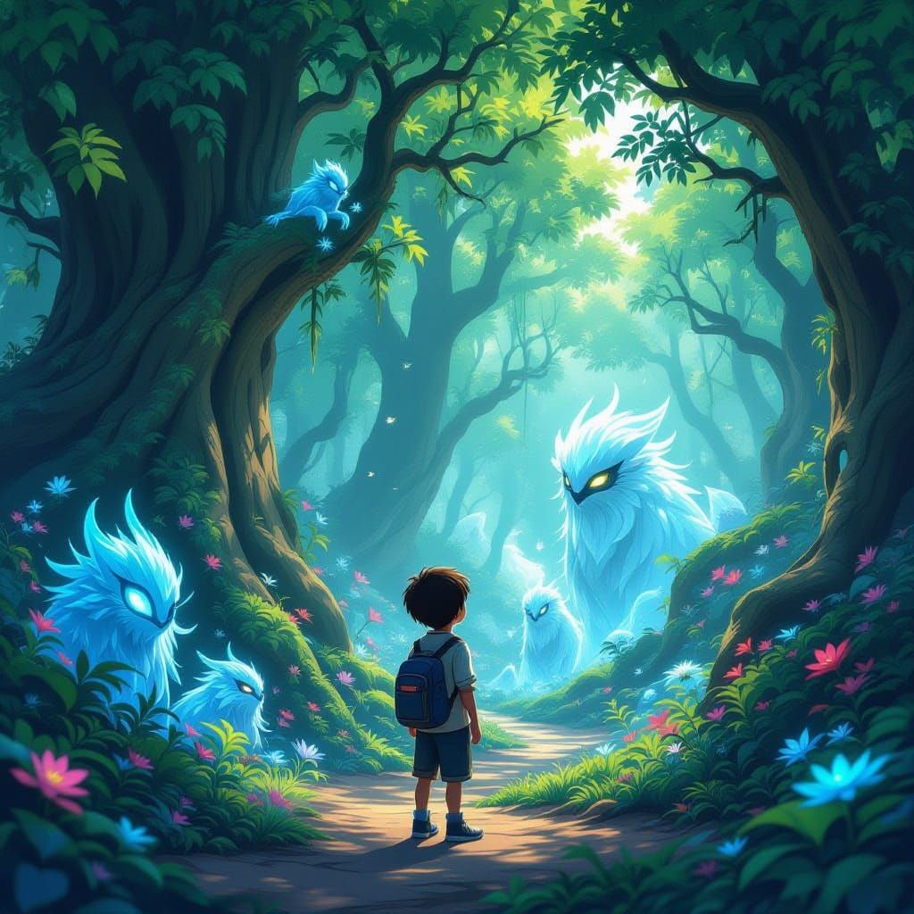 Boy Encounters Elemental Spirits in Enchanted Forest