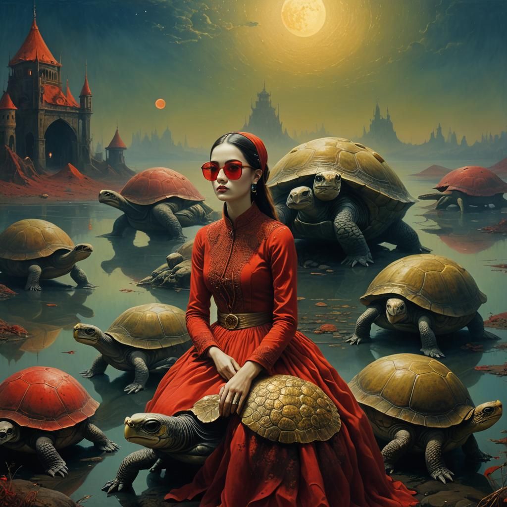 Gothic Turkish Lady with Turtles in Lunar Lake