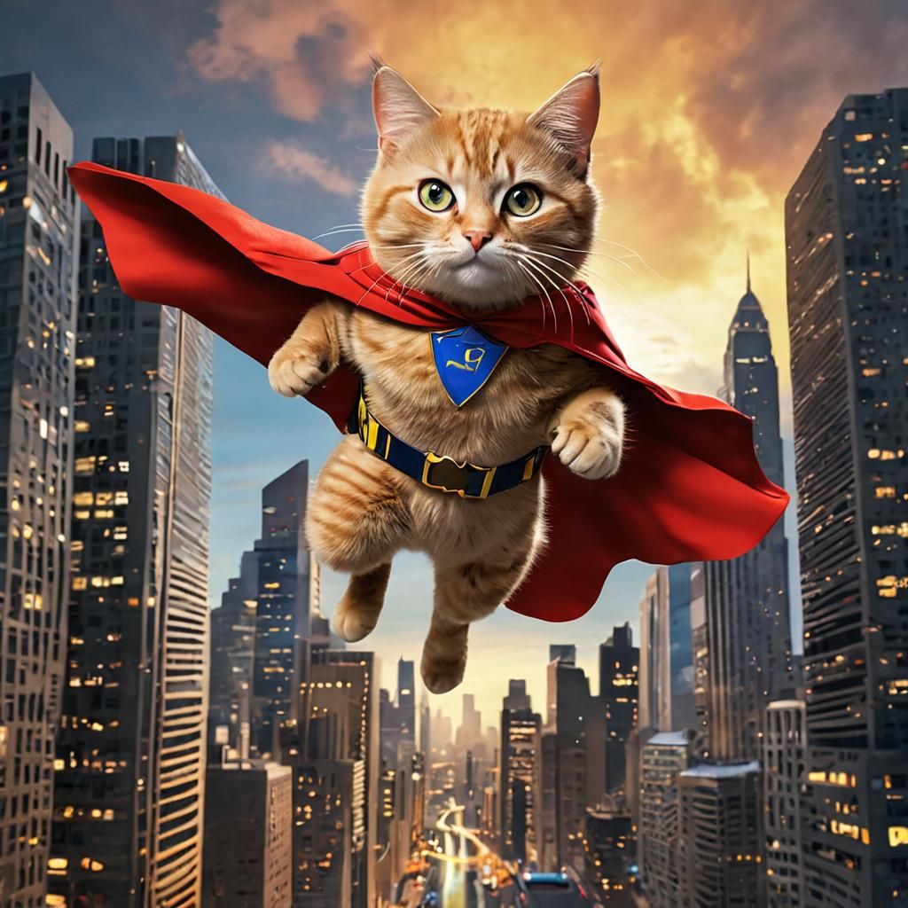 Superhero Cat Soaring Through Magical Cityscape
