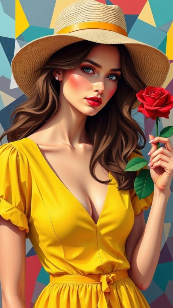 Woman with Rose: Action Painting in Geometric Style