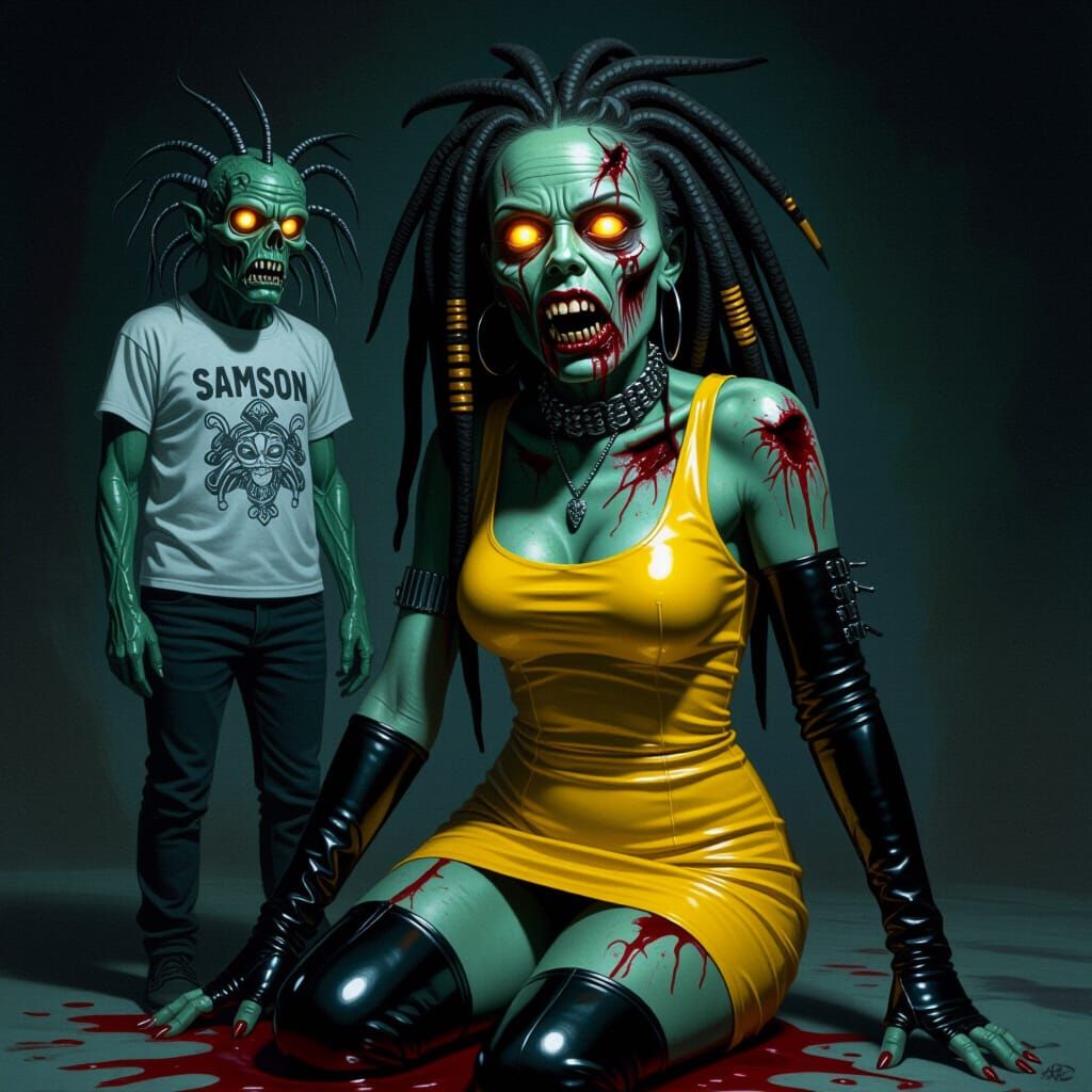 Zombie Rastafarian Woman Portrait in Giger Style