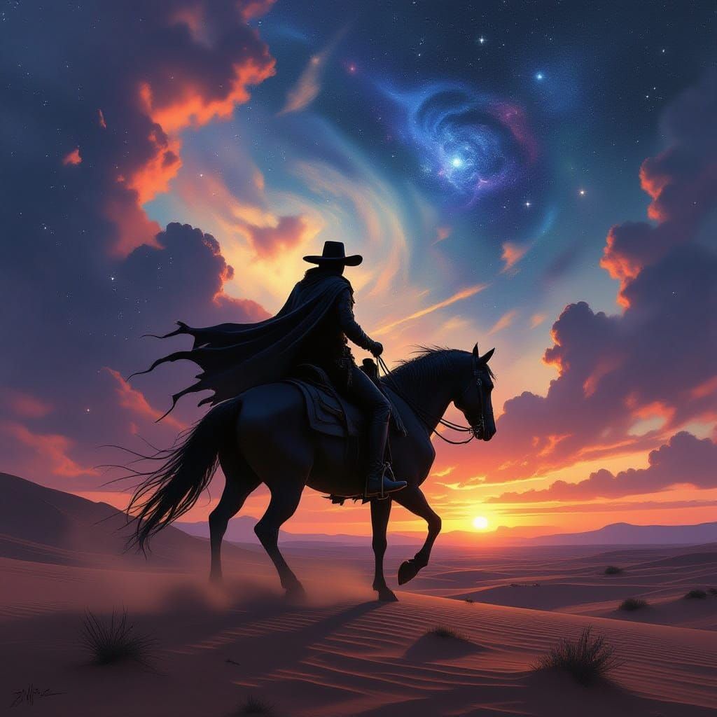 Cosmic Cowboy Rides Spectral Steed Under Eldritch Sky
