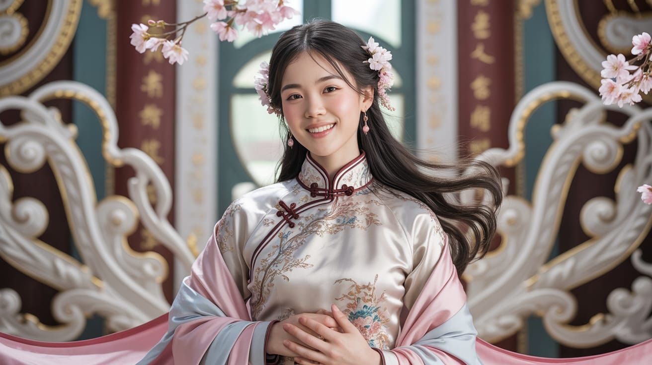 Asian Woman in Qipao with Cherry Blossoms: 3D Render