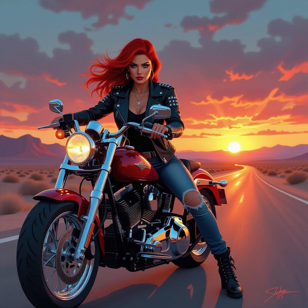 Biker Queen on Desert Highway at Sunset