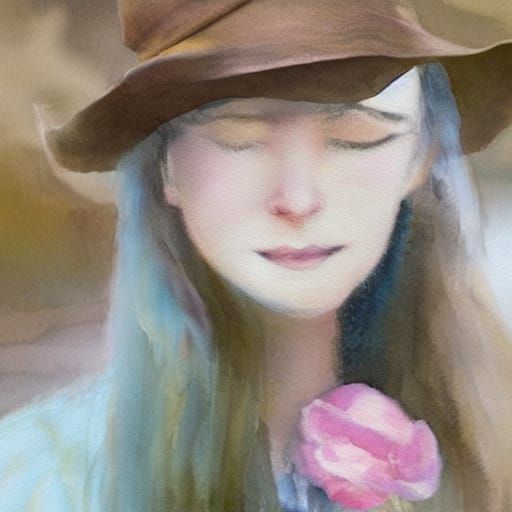 Dreamy Watercolor Portrait of a Young Woman by the Water's E...