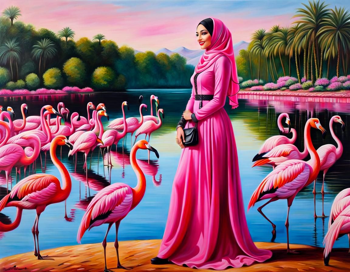 Arabian Lady in Pink Hijab, Ultrarealistic Oil Painting