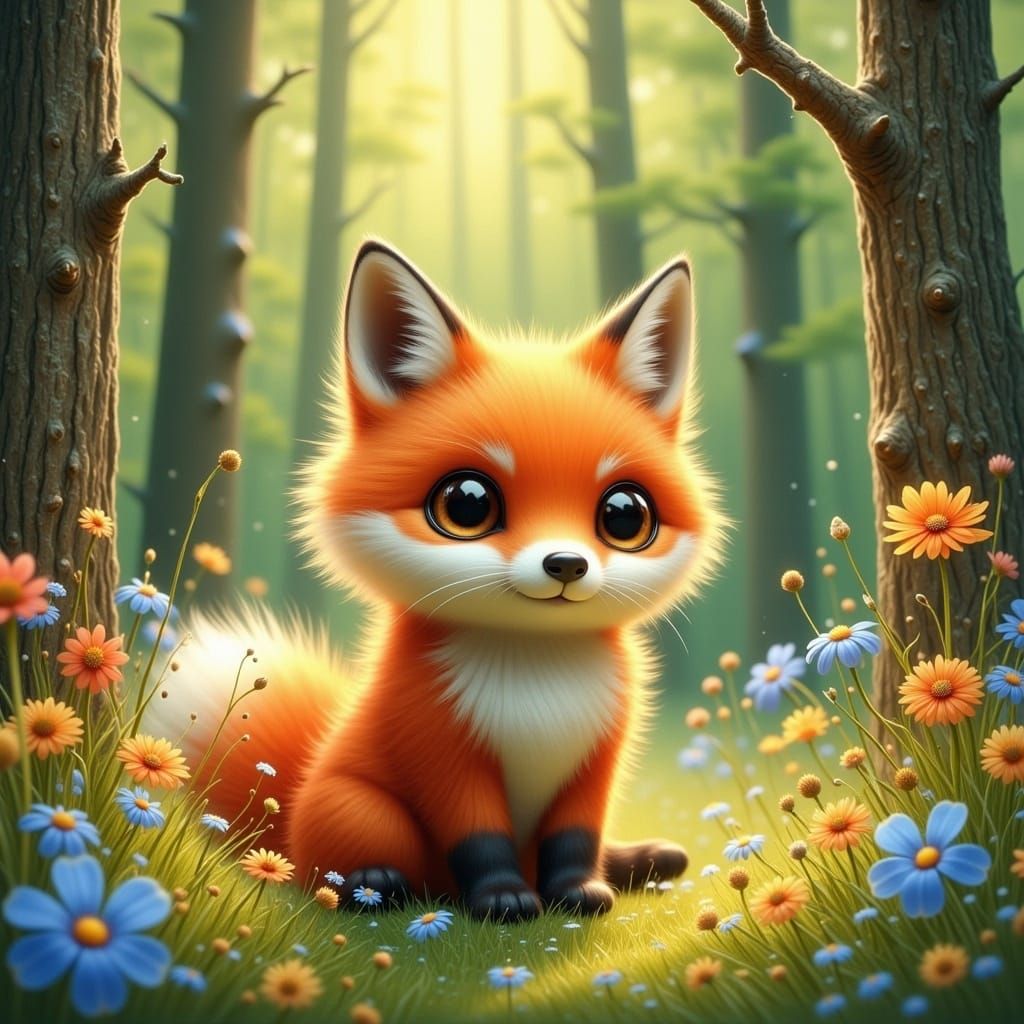 Red Fox in Dreamlike Forest Illustration
