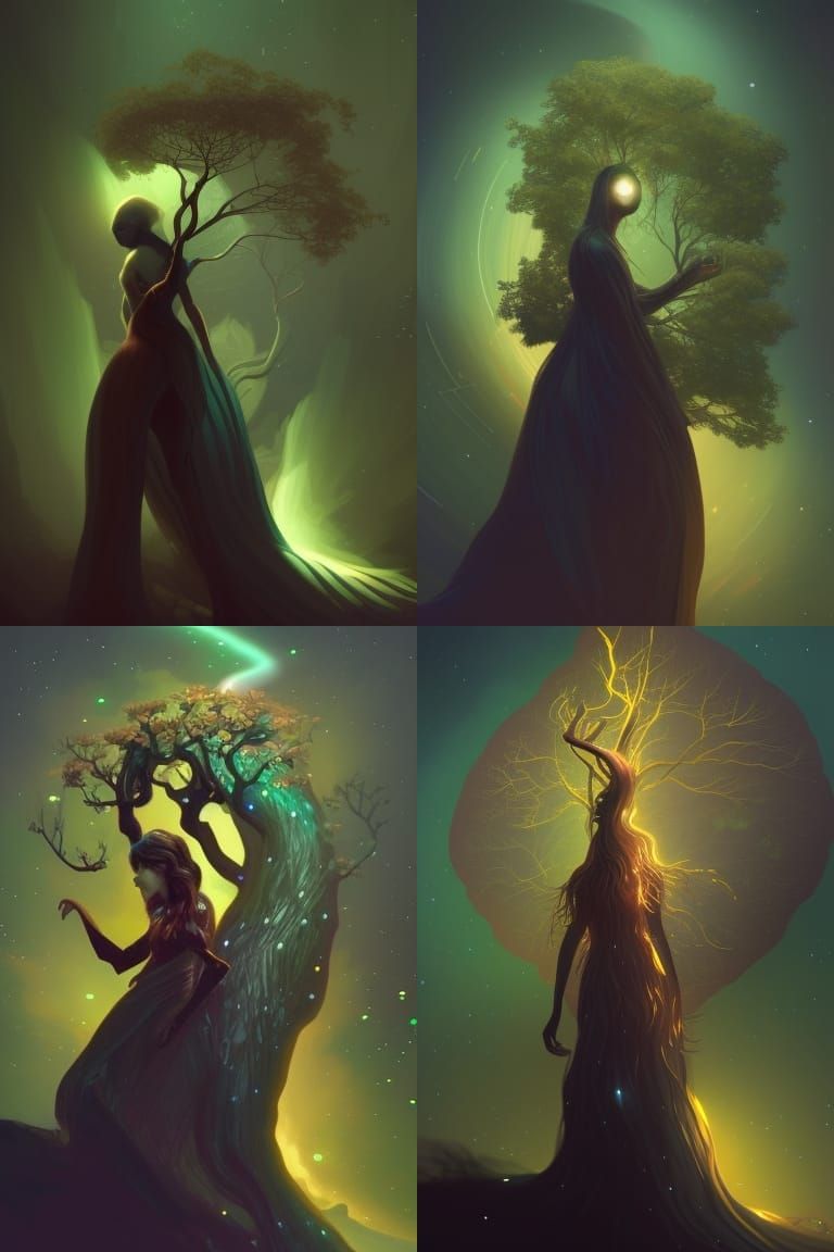 Full length anthropomorphic tree woman character centered in front of cosmic space milky way dark black background,