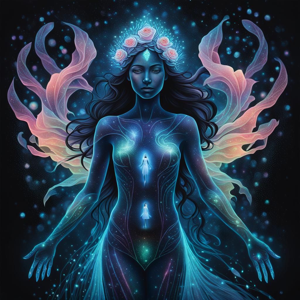 Mystic Figure Emerges From Bioluminescent Rose