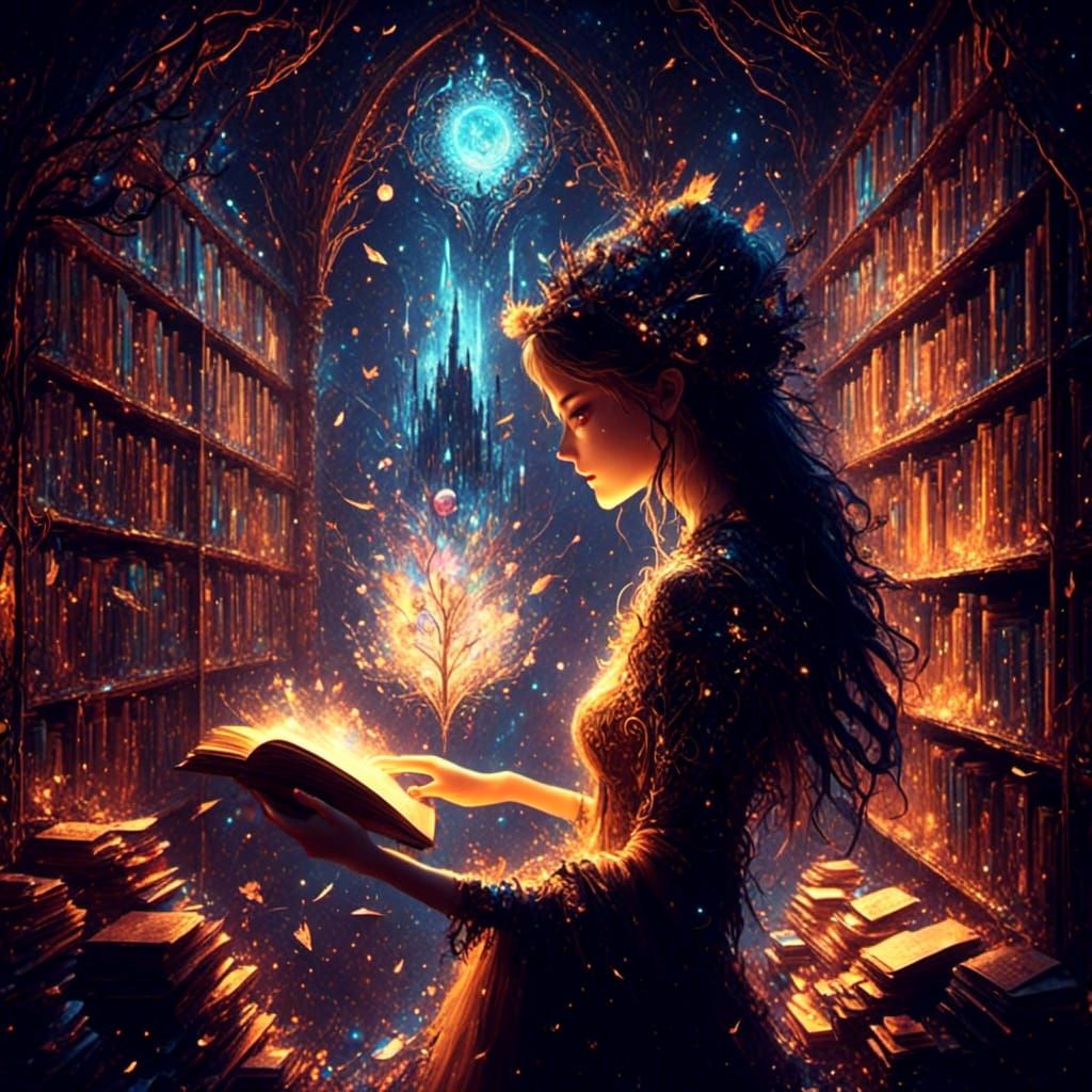 Young Woman Browsing in Surreal Bookstore