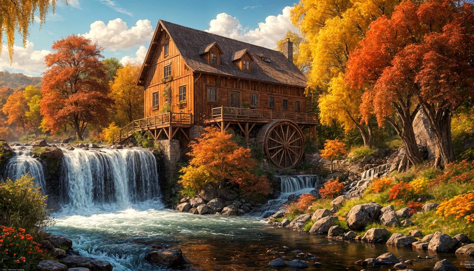 Autumn Mill House by River at Sunset