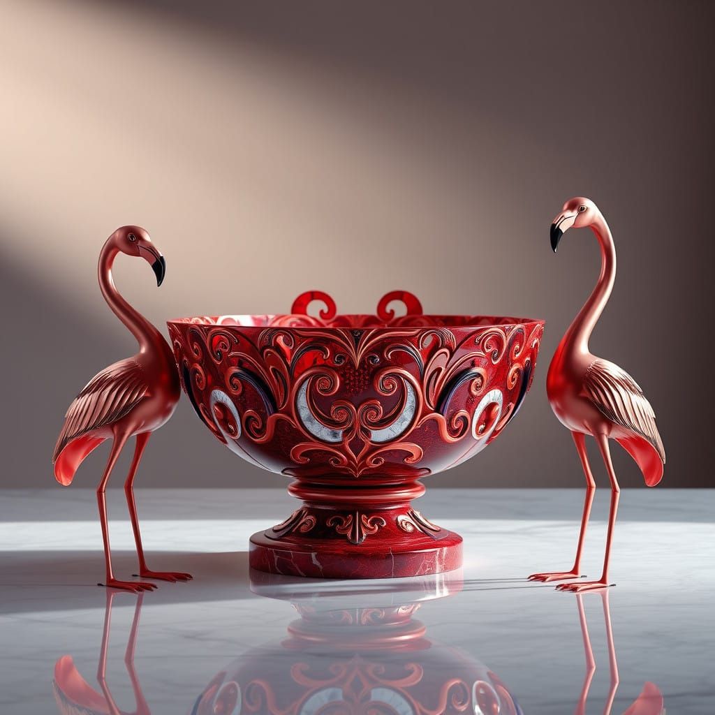 Mid Century Modern Red Marble Bowl with Rose Gold Flamingos