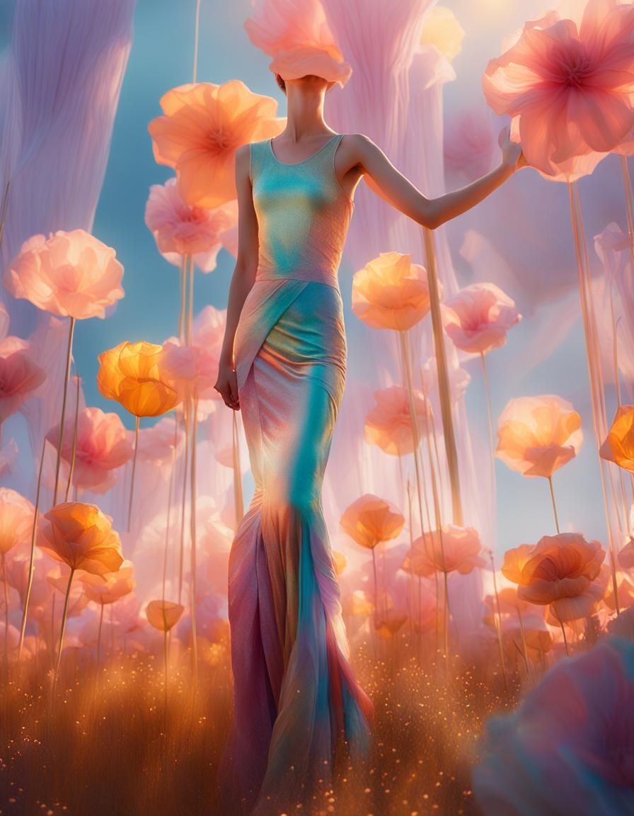 Ethereal Fashion Girl in Surreal Flower Dreamscape