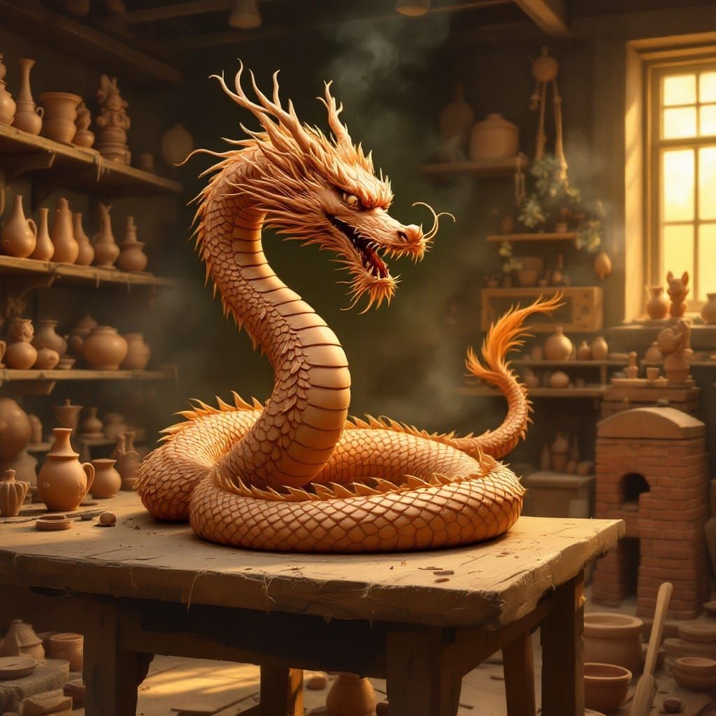 Majestic Terracotta Dragon in Cozy Potter's Workshop
