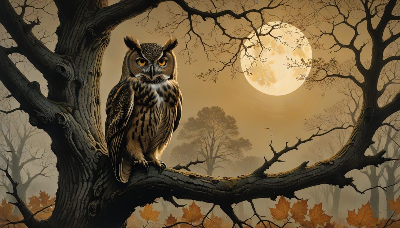 Wise Owl in Autumn Oak, Listening in Serene Classical Style
