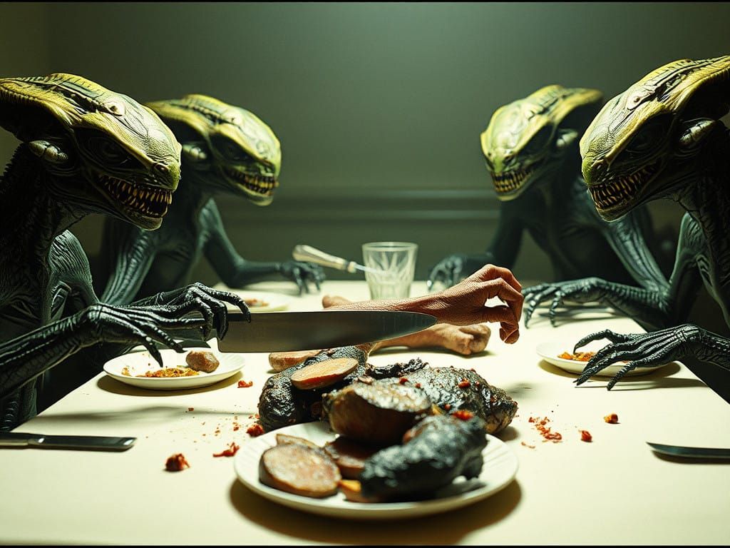 Reptilian Aliens Feast on Human Body Parts in Cinematic Dark...