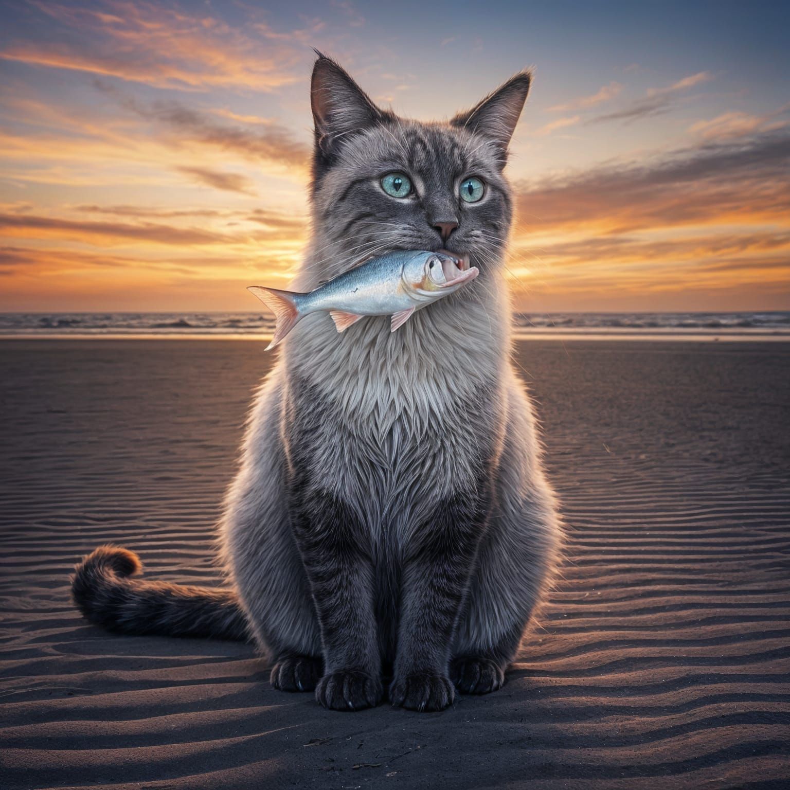 Surreal Beach Cat with Fish