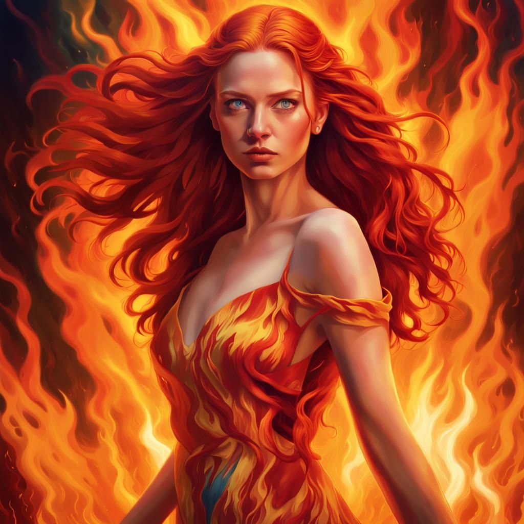 Ethereal Woman with Fiery Hair in Surreal Portrait