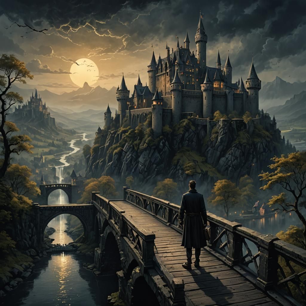 Dark Castle Fantasy Art: Man on Bridge
