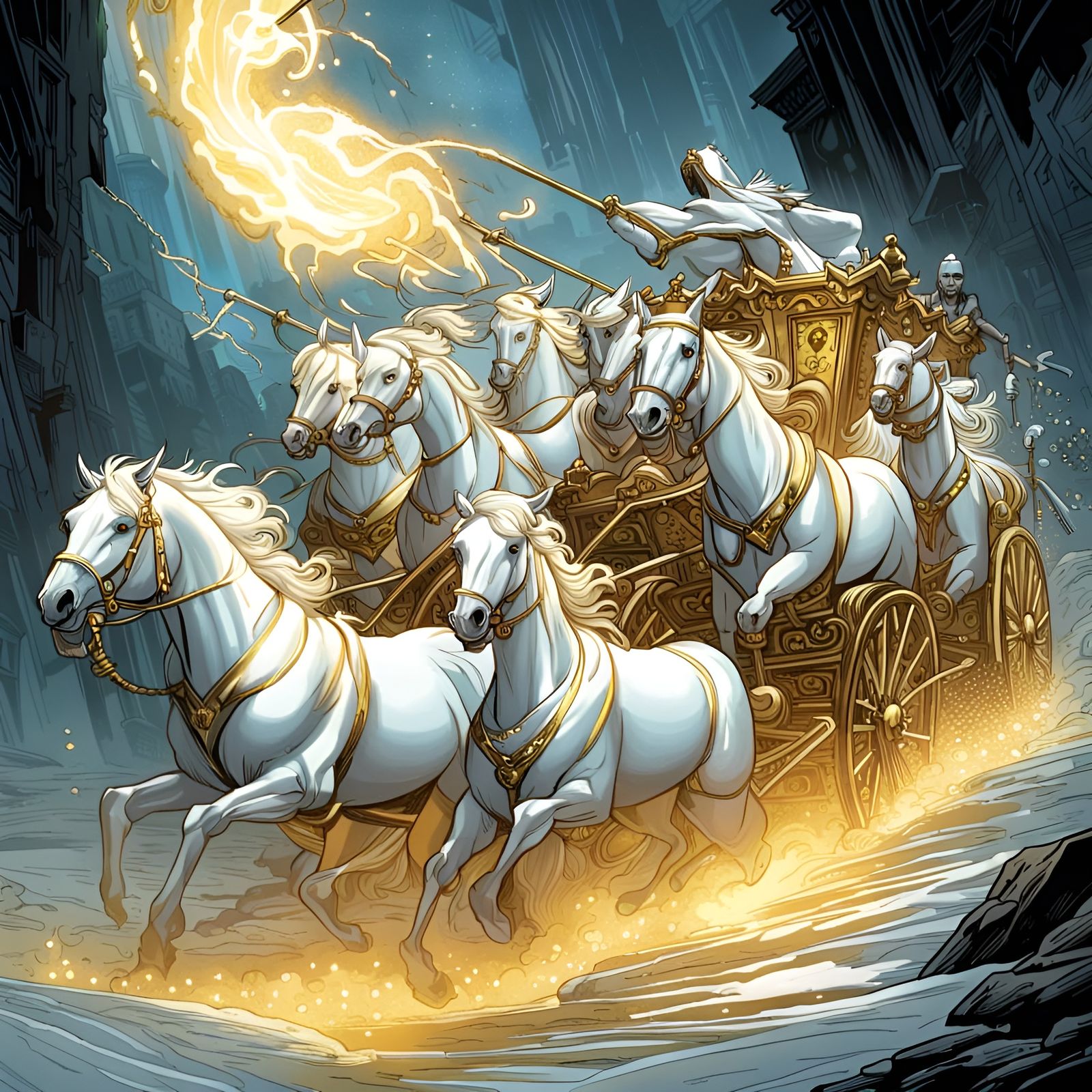 Golden Chariot Pulled by White Horses in Comic Art