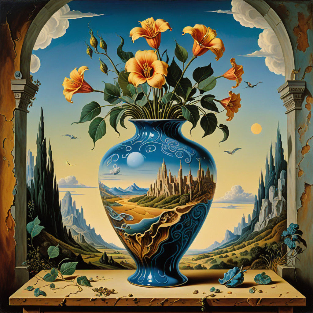 Surreal Vase in a Dreamlike Setting, Inspired by Impasto Oil...