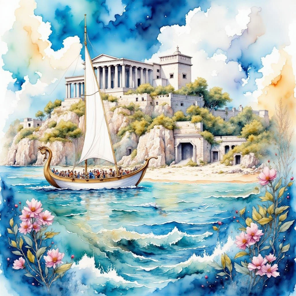 Greek Galley Arrives at Mediterranean Island in Watercolor
