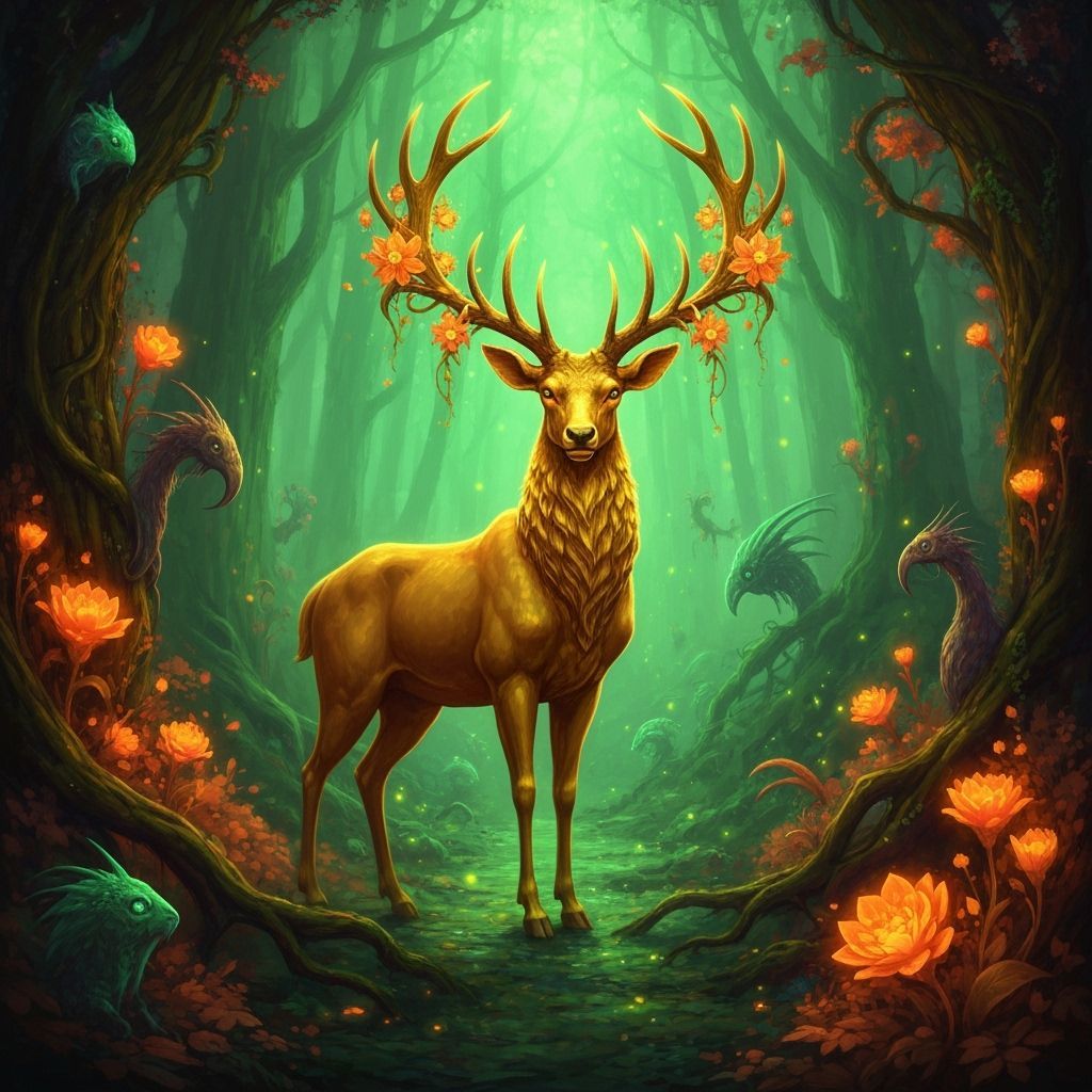 Golden Deer in Neon Forest, Art Nouveau Style