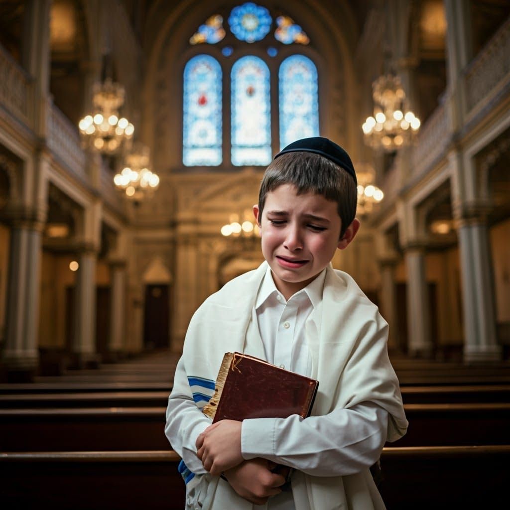 Sorrowful Boy in Synagogue: Cinematic Film Still