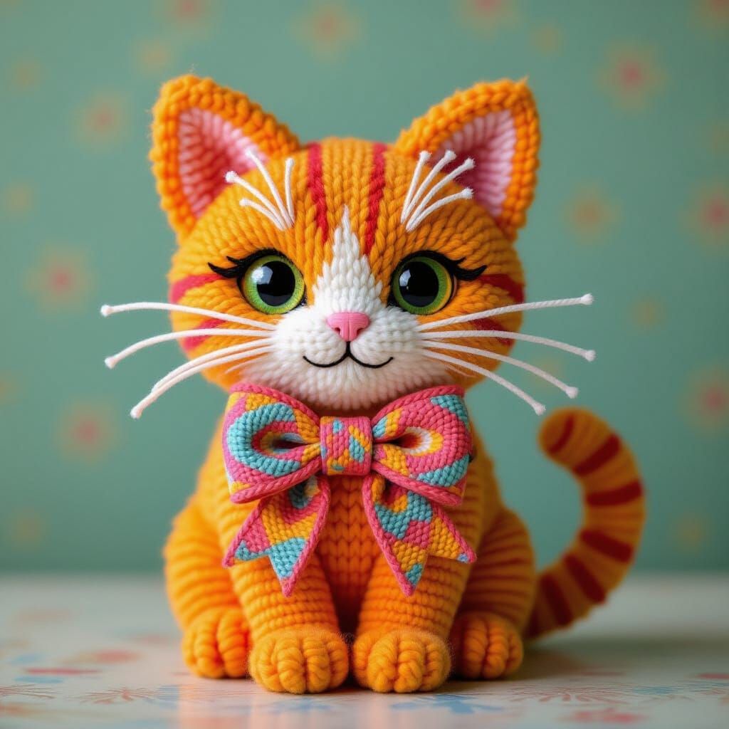 Whimsical Yarn Cat with Bow: Folk Art Style