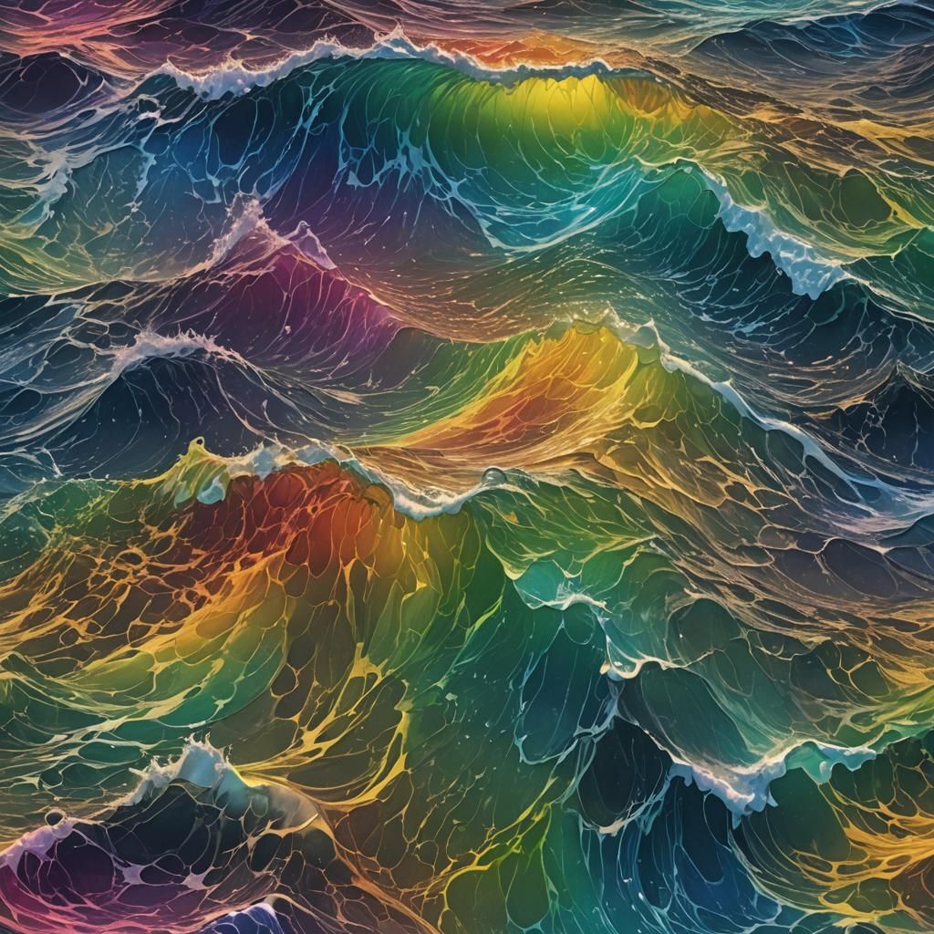 Rainbow Glowing Ocean Waves at Night, Detailed Photo