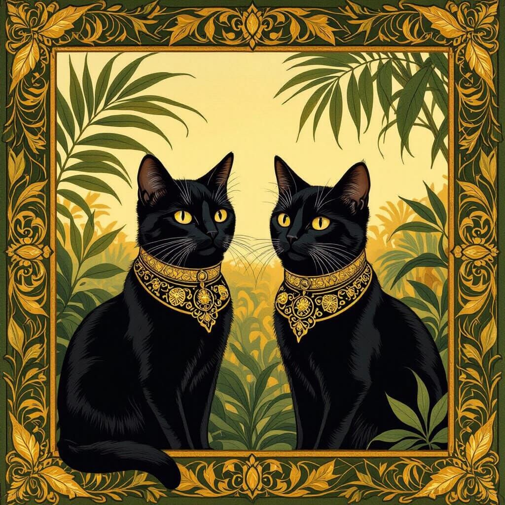 Black Cats with Gold Collars in Art Nouveau Style