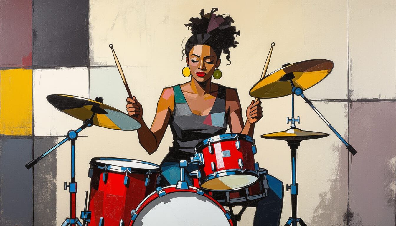Woman Playing Drums with Expressive Lines and Shapes
